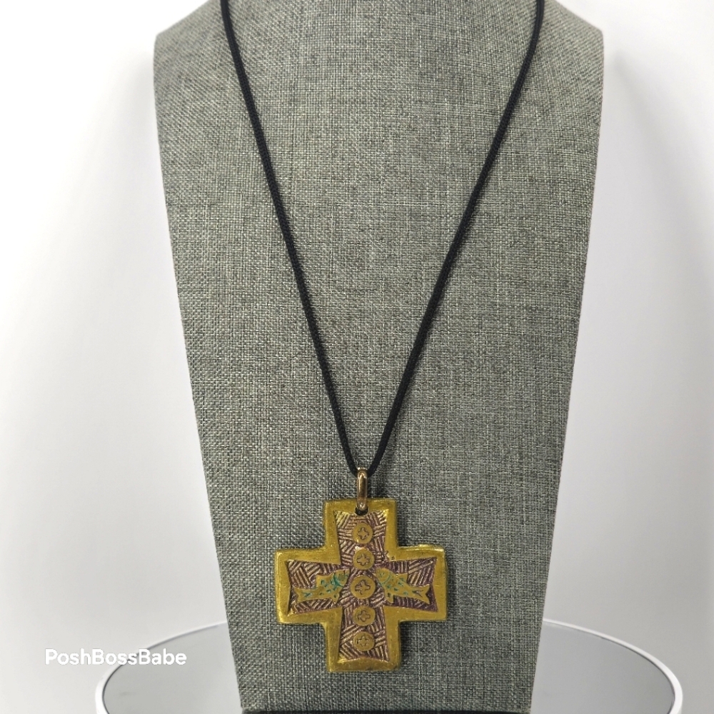 Vintage Pendant brass metal large religious Christian cross fish on black cord